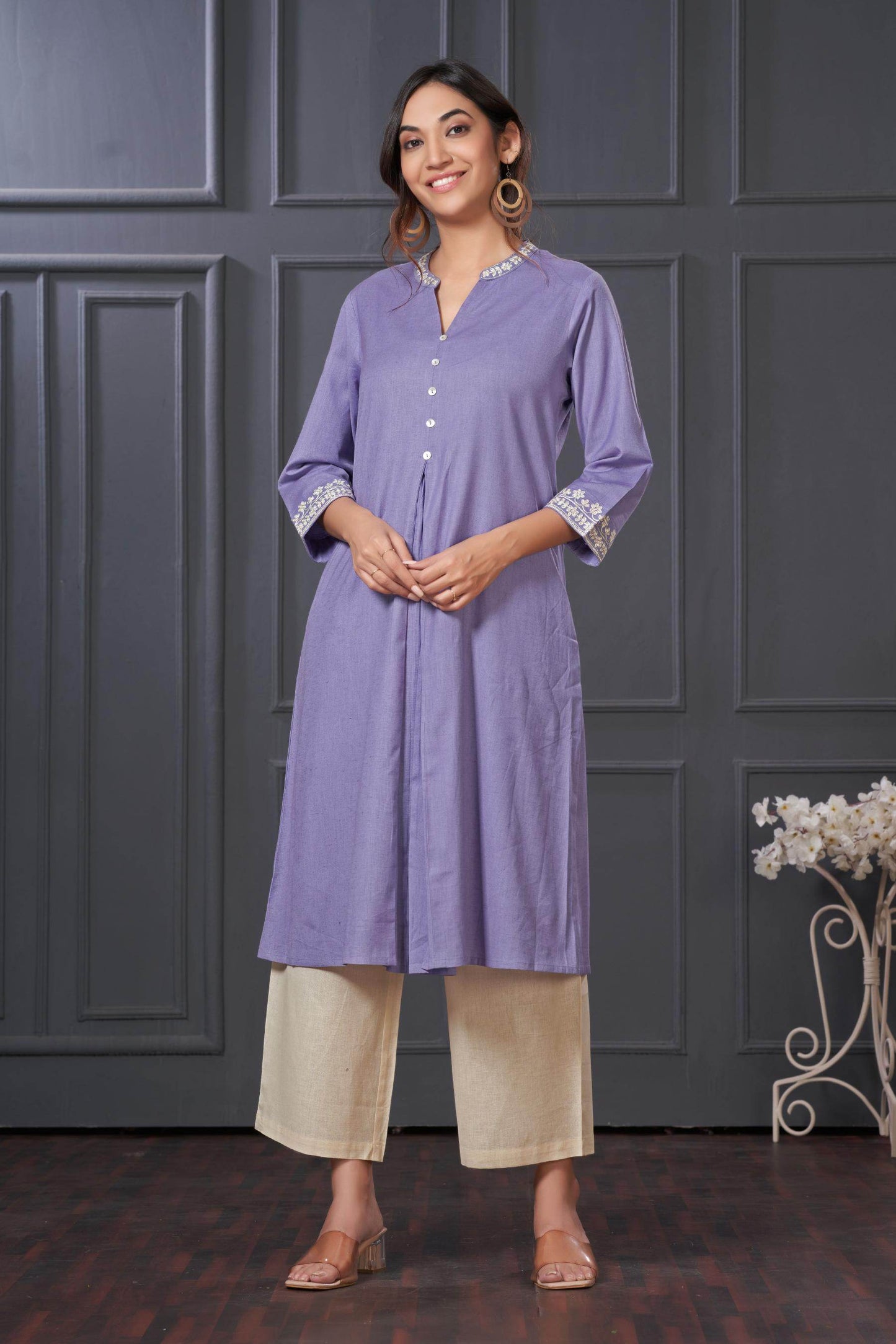 BulBul Hazel Purple & Blue Embellished Solid Cotton Kurta Set for Women – Stylish Comfortable Ethnic Wear