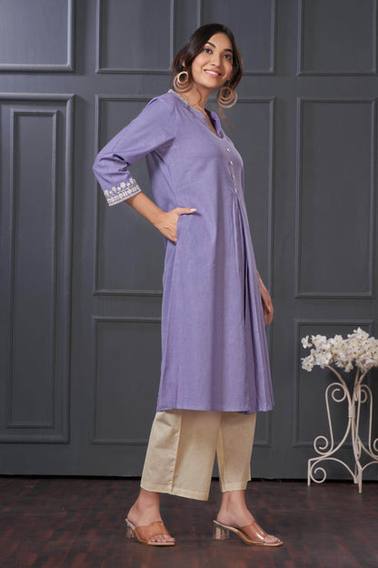 BulBul Hazel Purple & Blue Embellished Solid Cotton Kurta Set for Women – Stylish Comfortable Ethnic Wear