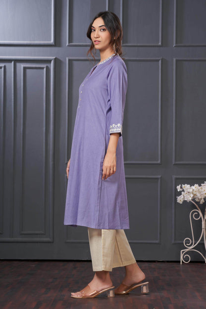 BulBul Hazel Purple & Blue Embellished Solid Cotton Kurta Set for Women – Stylish Comfortable Ethnic Wear