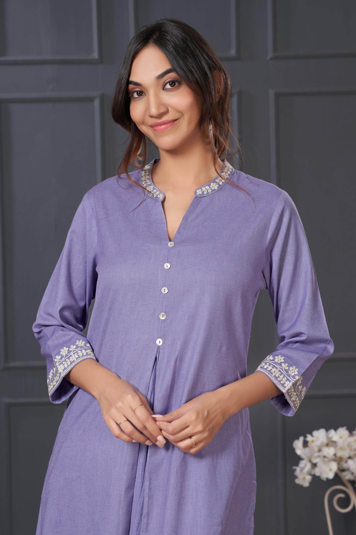 BulBul Hazel Purple & Blue Embellished Solid Cotton Kurta Set for Women – Stylish Comfortable Ethnic Wear