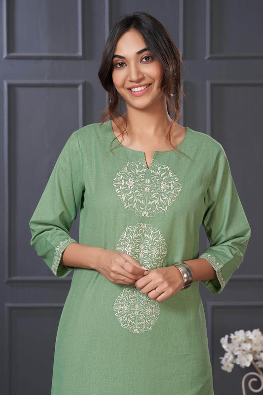 BulBul Hazel Green & Blue Embroidered Cotton Kurta Set – Comfortable, Stylish Ethnic Wear