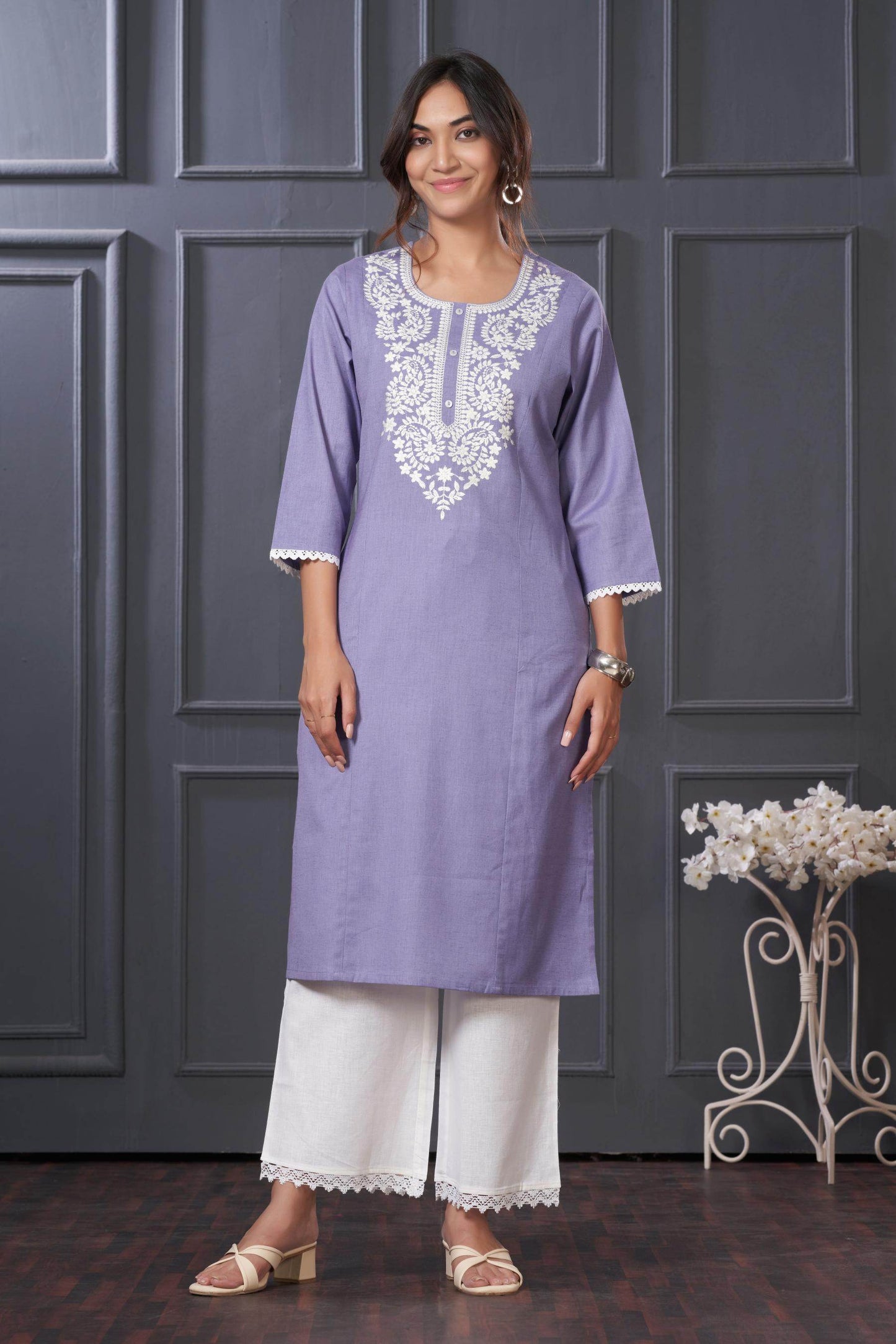 BulBul Hazel Purple & Green Embroidered Cotton Kurta Set - Elegant Ethnic Wear for Women