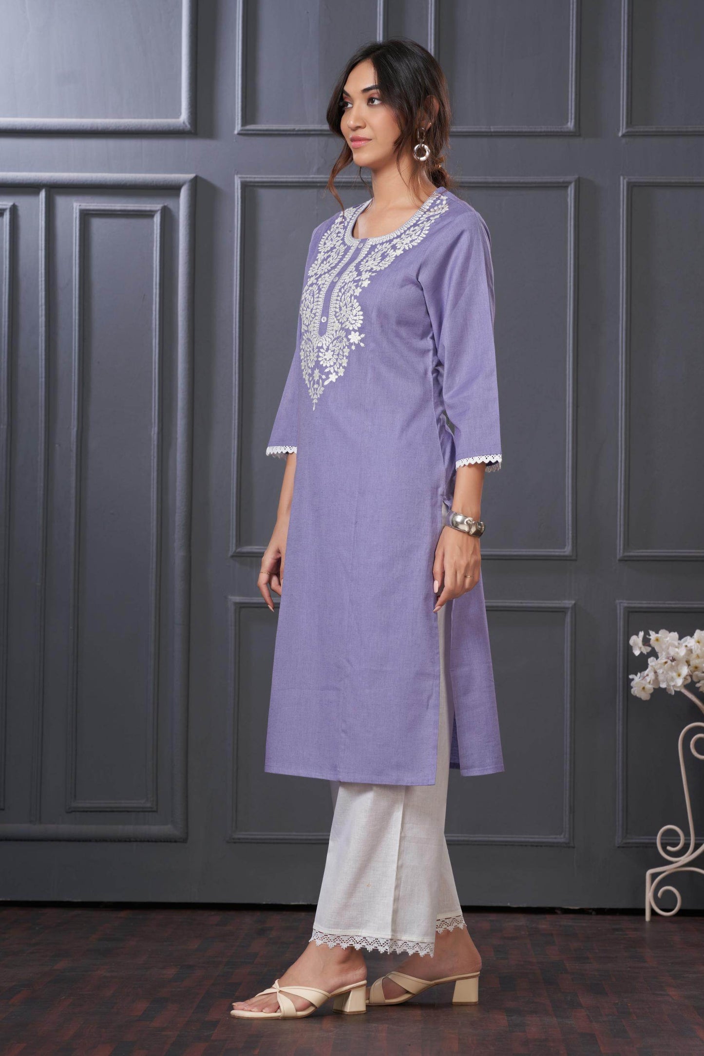 BulBul Hazel Purple & Green Embroidered Cotton Kurta Set - Elegant Ethnic Wear for Women