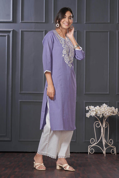 BulBul Hazel Purple & Green Embroidered Cotton Kurta Set - Elegant Ethnic Wear for Women