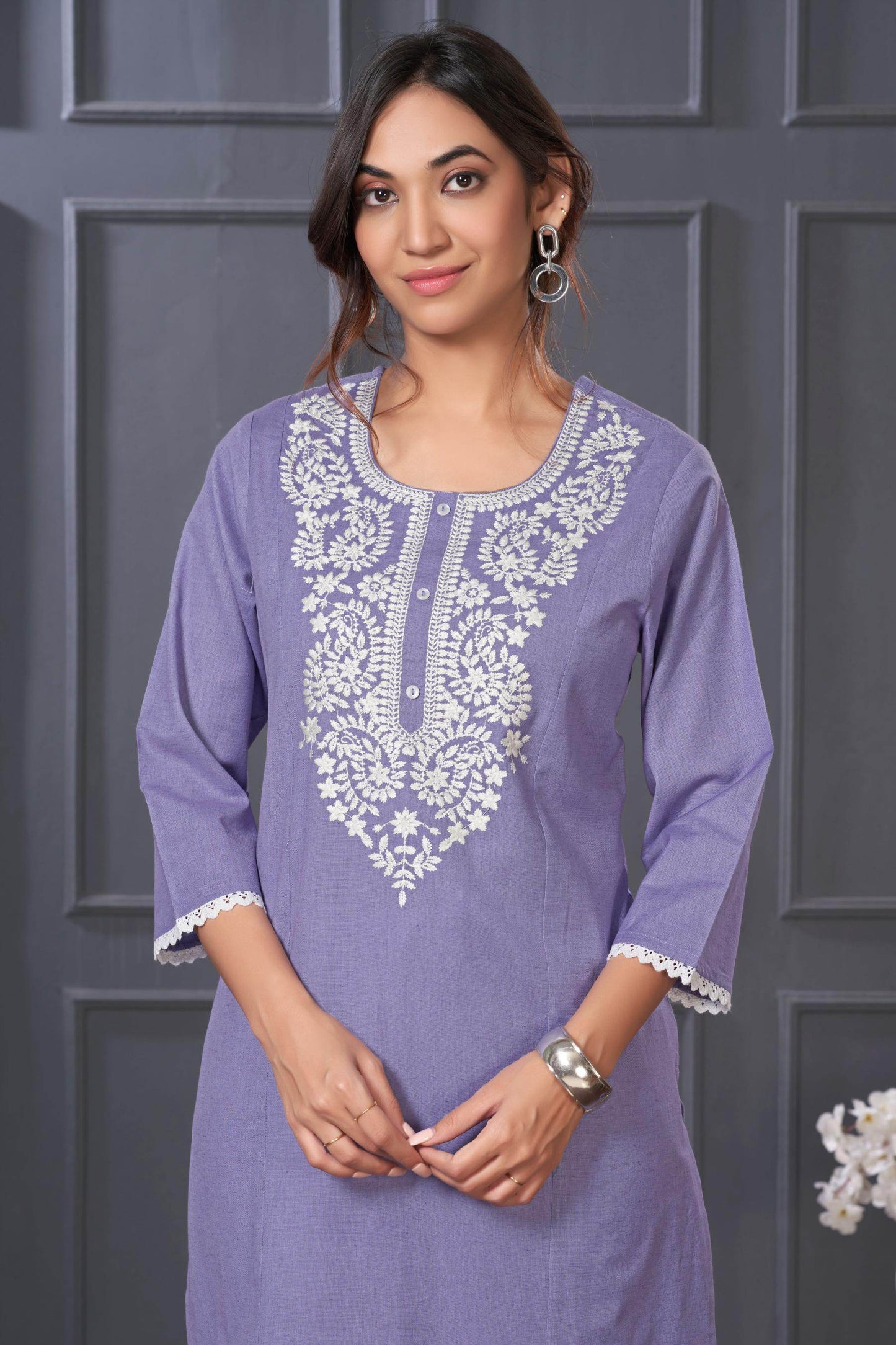 BulBul Hazel Purple & Green Embroidered Cotton Kurta Set - Elegant Ethnic Wear for Women