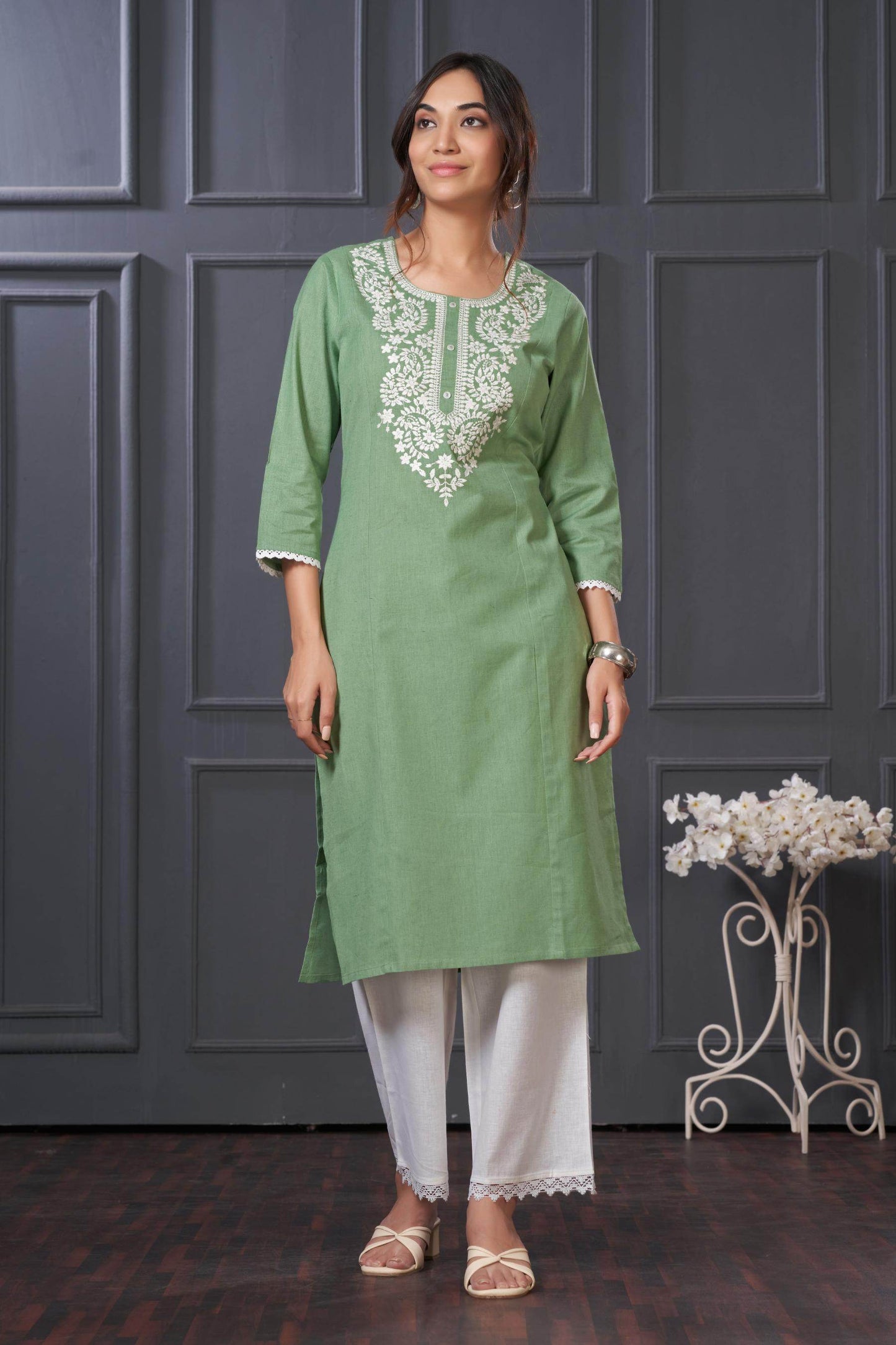 BulBul Hazel Purple & Green Embroidered Cotton Kurta Set - Elegant Ethnic Wear for Women
