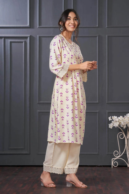 Lily Purple & Pink Abstract Printed Rayon Kurta Set for Women | Elegant Festive Wear by BulBul Fashions - warehousetech13