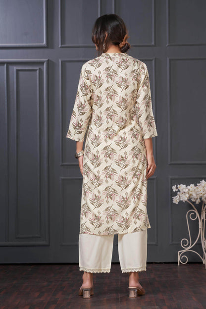Elegant Lily Green & Olive Floral Kurta Set by BulBul in Rayon Fabric