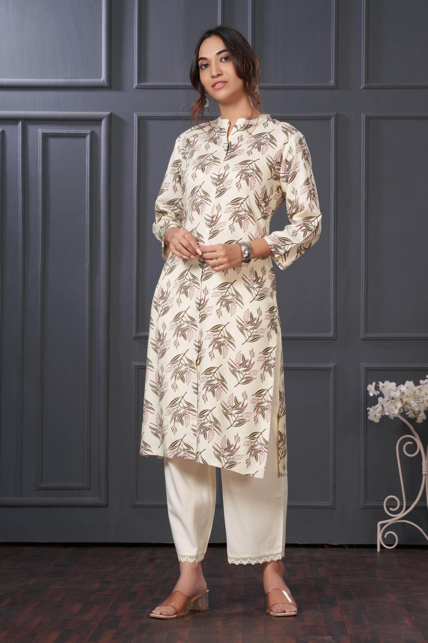 Elegant Lily Green & Olive Floral Kurta Set by BulBul in Rayon Fabric