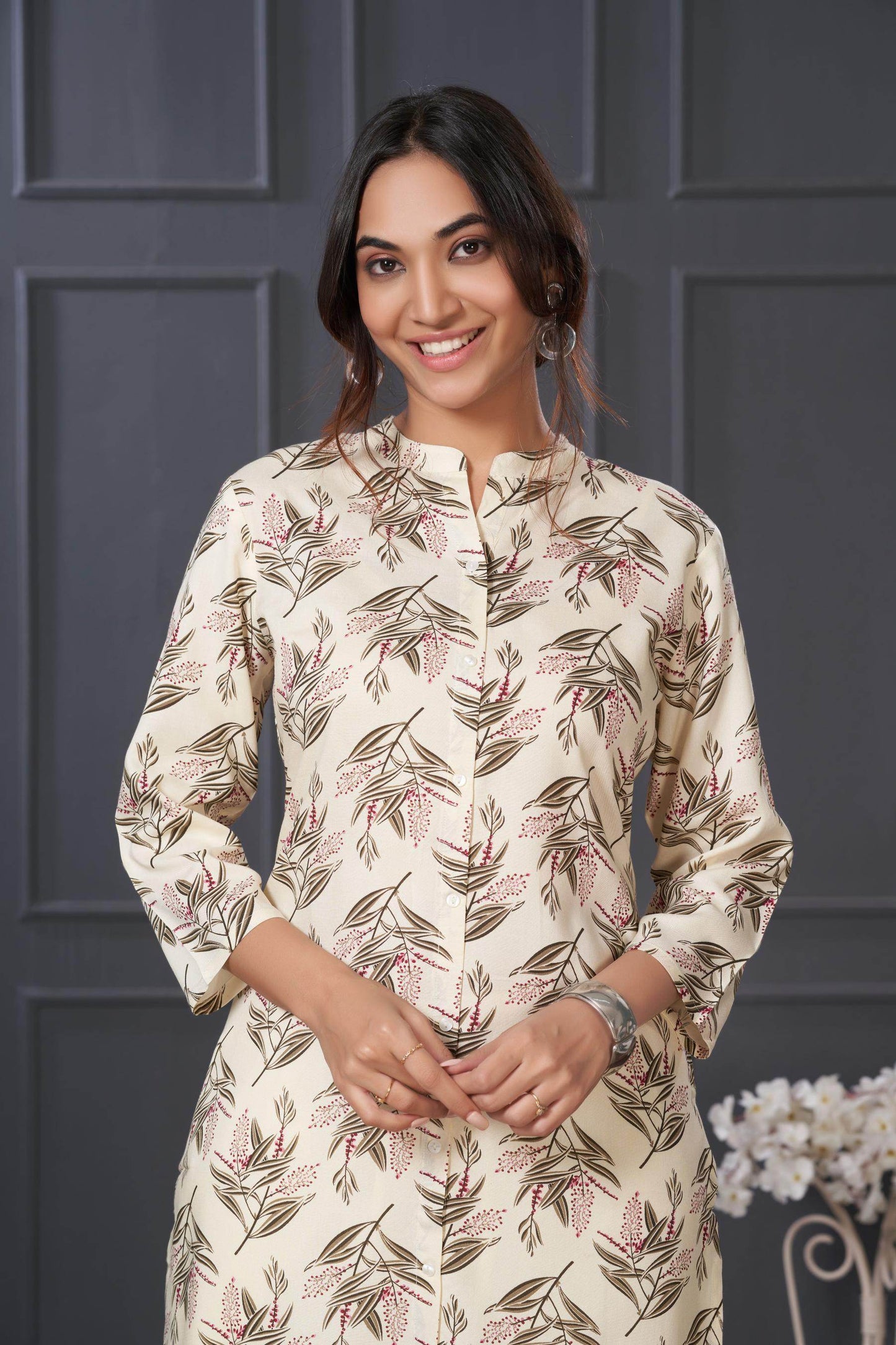Elegant Lily Green & Olive Floral Kurta Set by BulBul in Rayon Fabric