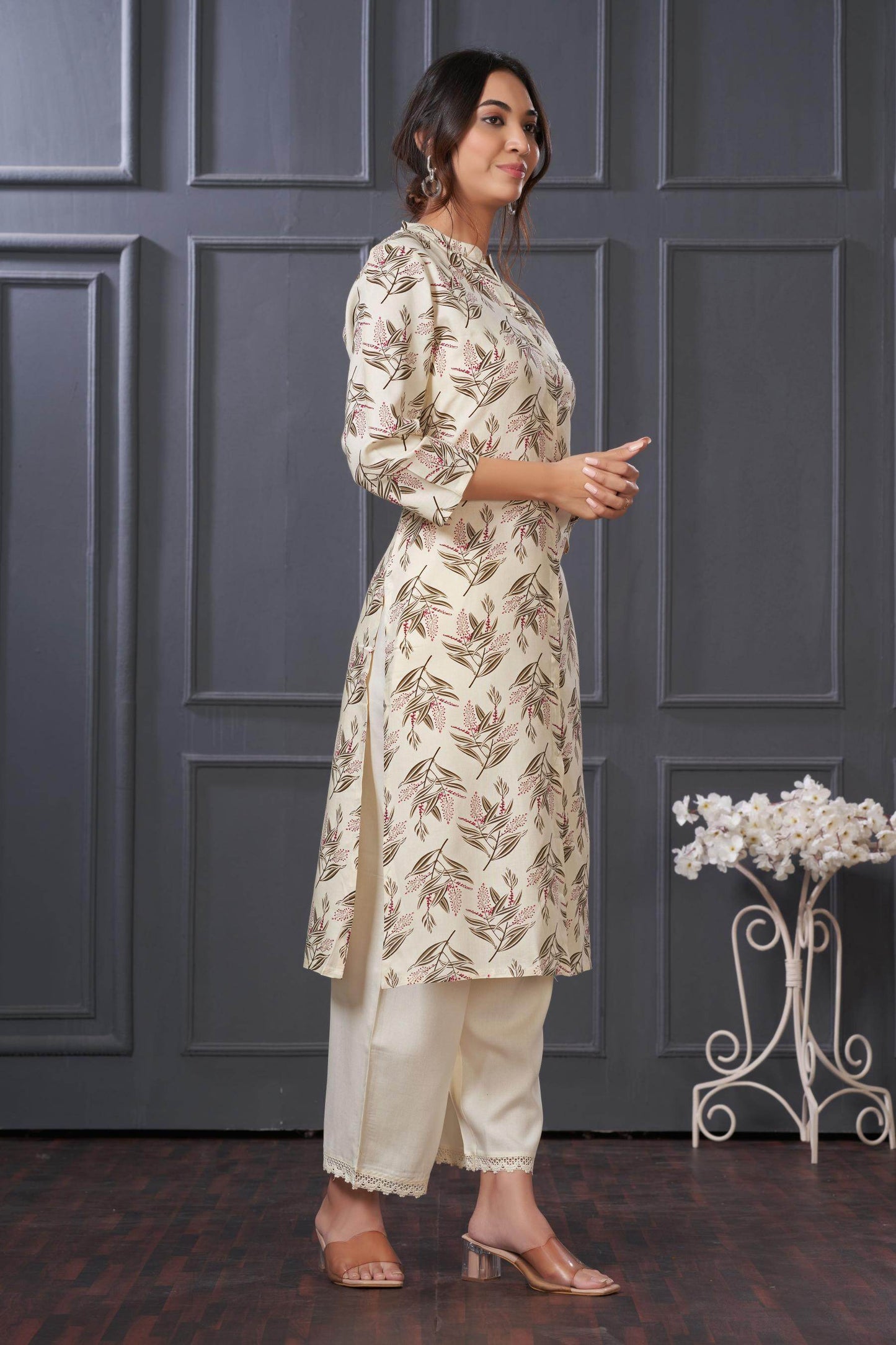 Elegant Lily Green & Olive Floral Kurta Set by BulBul in Rayon Fabric