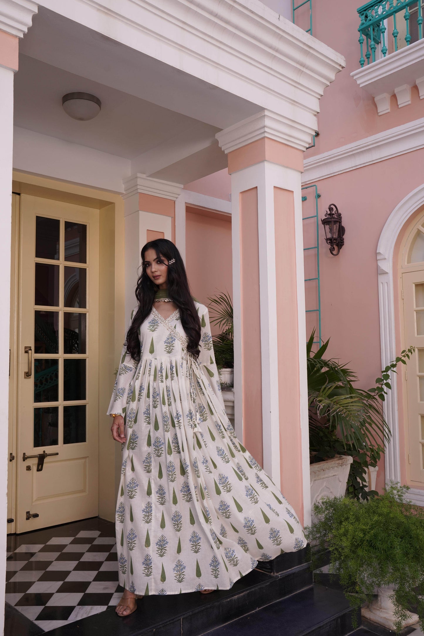 Angrakha Style Anarkali Kurta in Off-White & Yellow Cotton Cambric