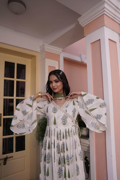 Angrakha Style Anarkali Kurta in Off-White & Yellow Cotton Cambric