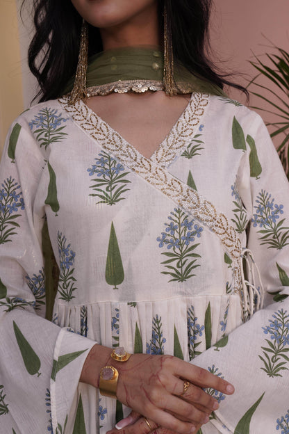 Angrakha Style Anarkali Kurta in Off-White & Yellow Cotton Cambric