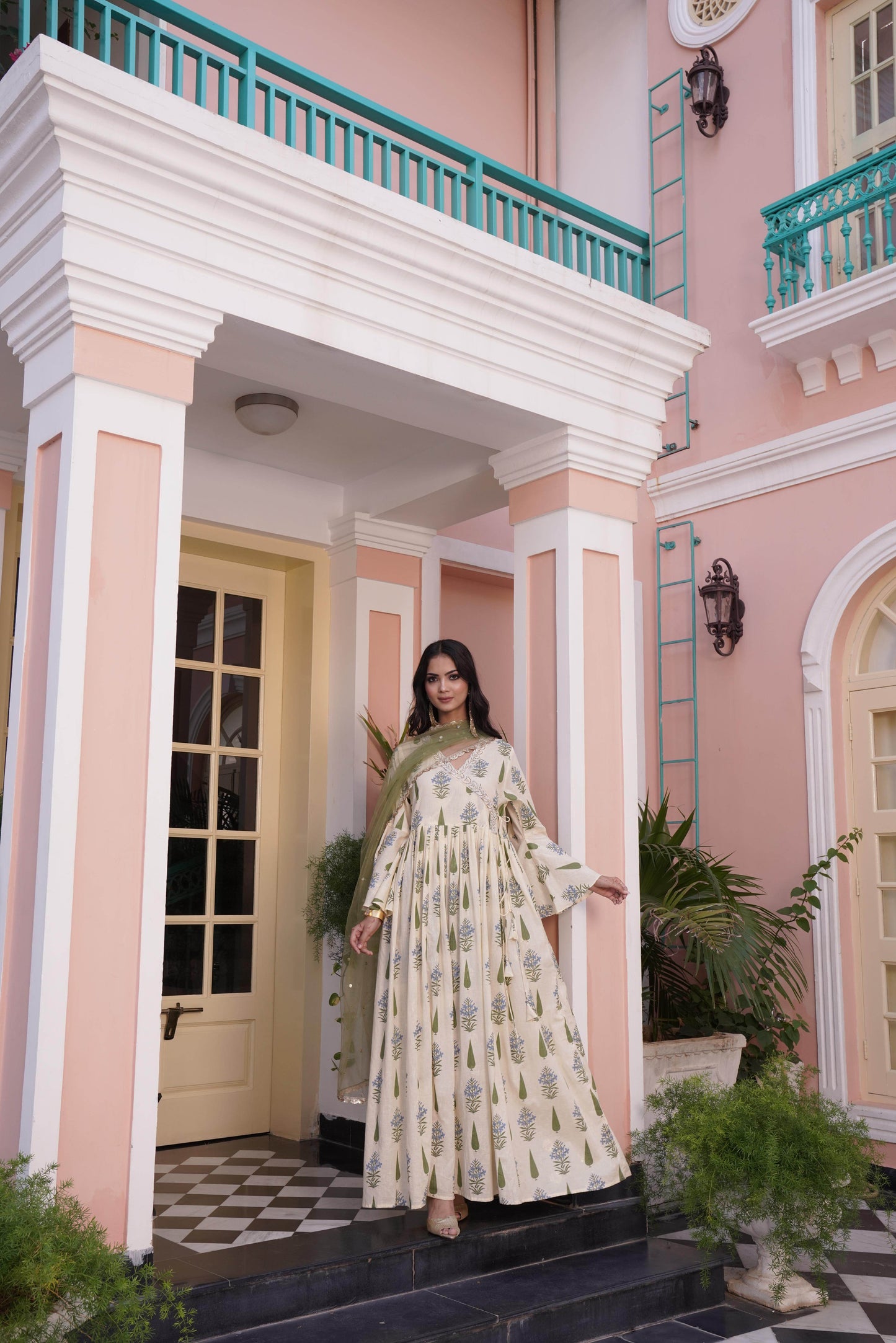 Angrakha Style Anarkali Kurta in Off-White & Yellow Cotton Cambric