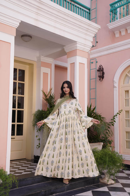 Angrakha Style Anarkali Kurta in Off-White & Yellow Cotton Cambric