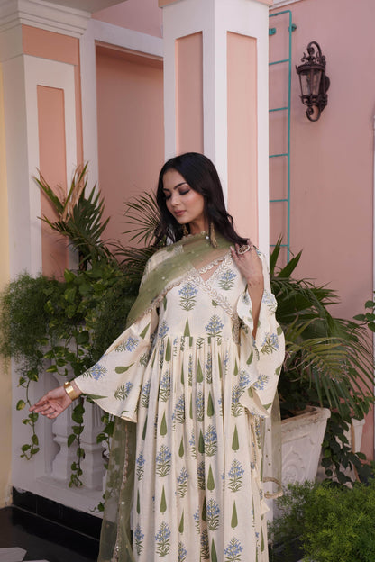 Angrakha Style Anarkali Kurta in Off-White & Yellow Cotton Cambric