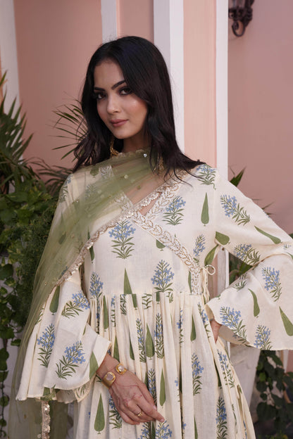 Angrakha Style Anarkali Kurta in Off-White & Yellow Cotton Cambric