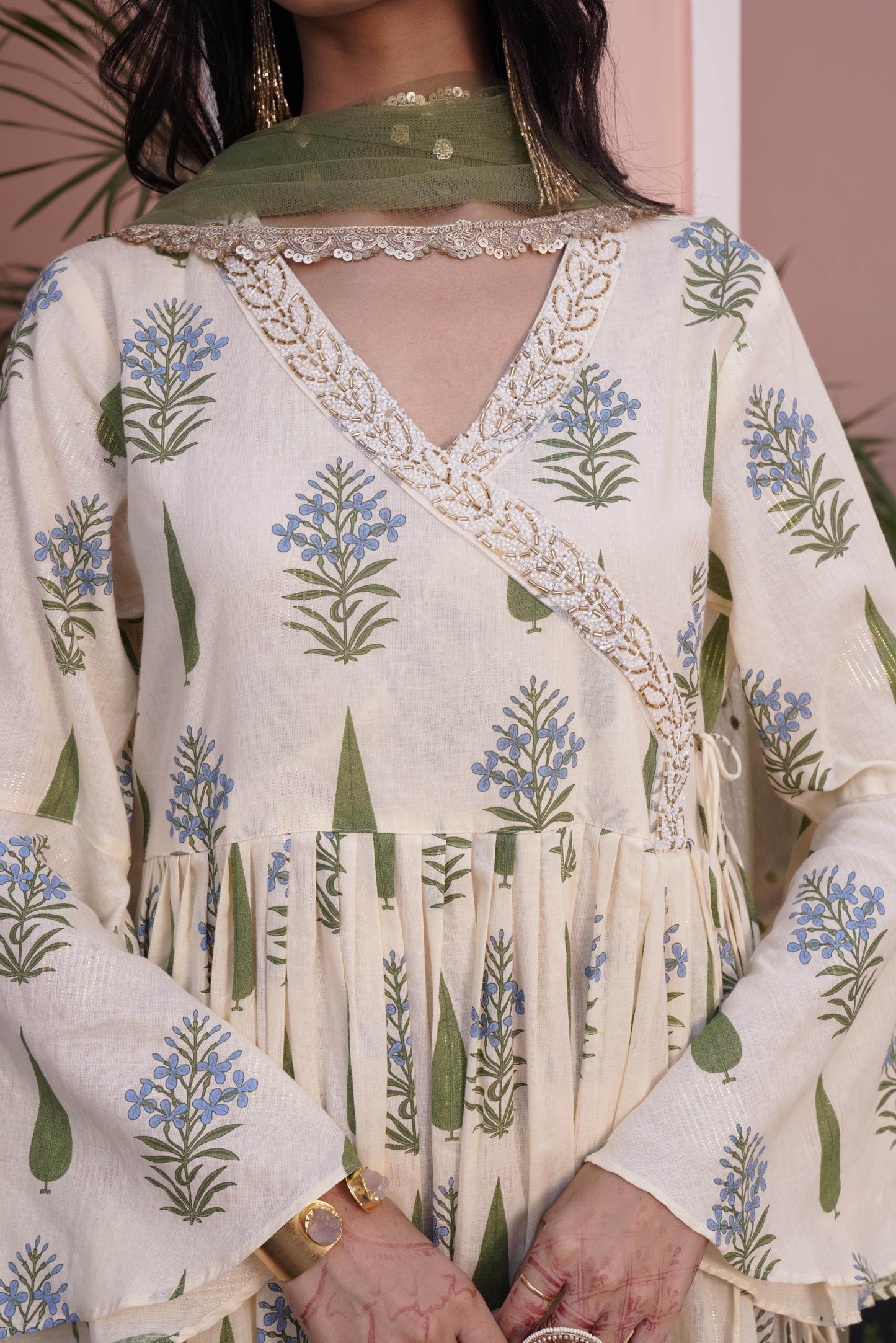 Angrakha Style Anarkali Kurta in Off-White & Yellow Cotton Cambric