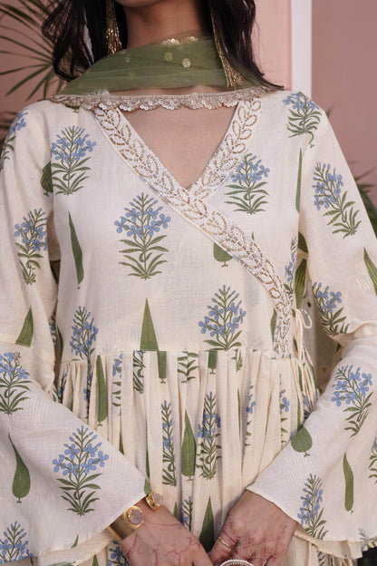 Angrakha Style Anarkali Kurta in Off-White & Yellow Cotton Cambric