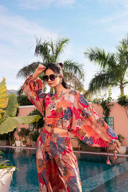 Anushree Pink & Blue Chanderi Co-Ord Set - Elegant Floral Modal Fabric Outfit