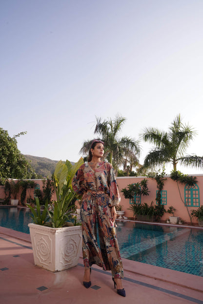 Anushree Pink & Blue Chanderi Co-Ord Set - Elegant Floral Modal Fabric Outfit