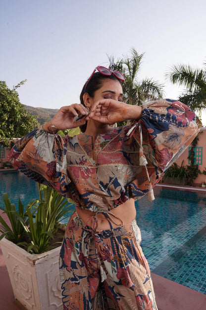 Anushree Pink & Blue Chanderi Co-Ord Set - Elegant Floral Modal Fabric Outfit