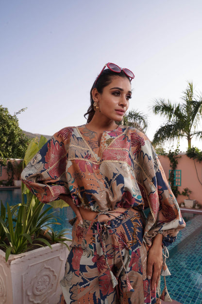 Anushree Pink & Blue Chanderi Co-Ord Set - Elegant Floral Modal Fabric Outfit