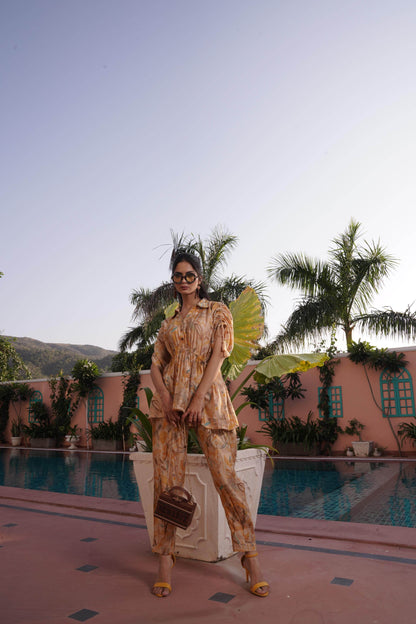 Ishika Blue & Yellow Chanderi Co-Ord Set – Elegant Modal Fabric Outfit