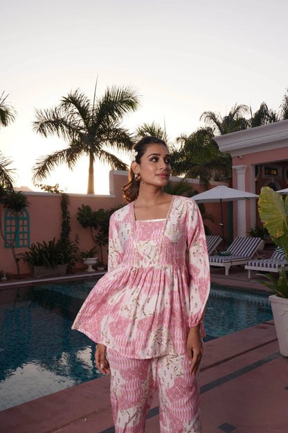 Dhriti Light Teal & Pink Chanderi Silk Co-Ord Set – Elegant Women's Ethnic Wear - warehousetech13