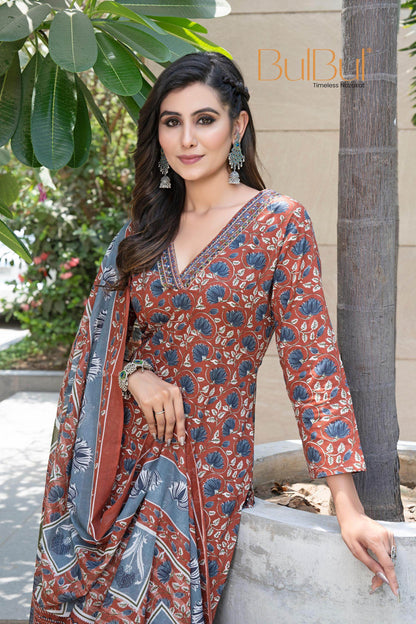 Stylish Cotton Kurta Set with Dupatta in Rust and Green Colors