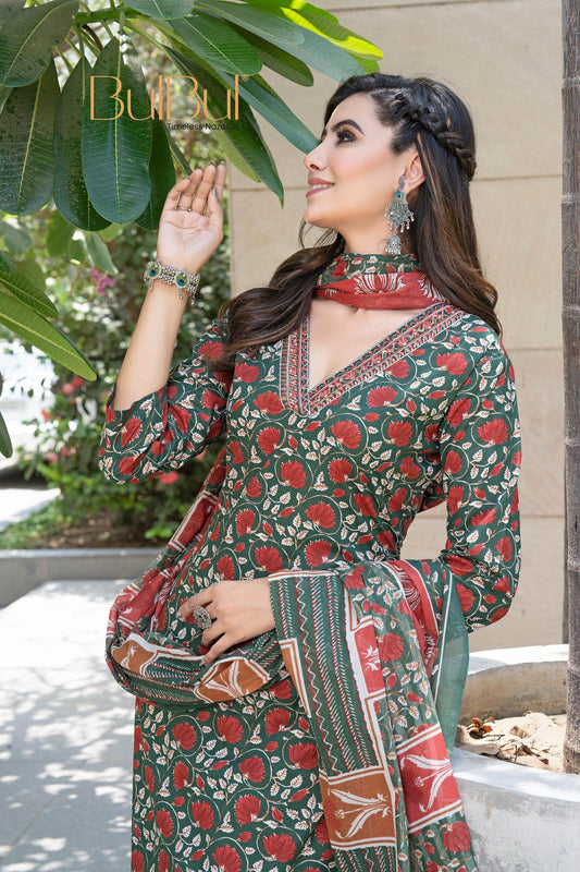 Stylish Cotton Kurta Set with Dupatta in Rust and Green Colors