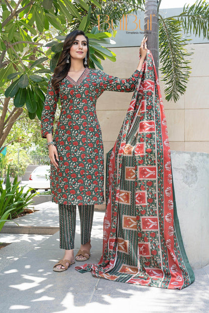Stylish Cotton Kurta Set with Dupatta in Rust and Green Colors