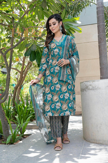 Stylish Cotton Kurta Set with Dupatta for Women – Elegant Black & Green Color Ethnic Wear