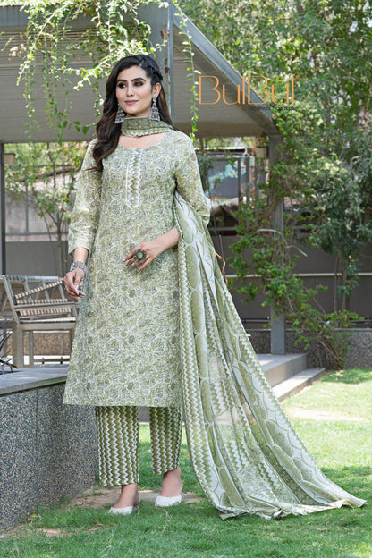 Stylish Cotton Kurta Set with Dupatta in Green / Blue Colors