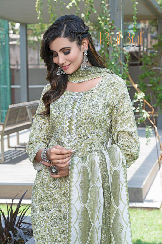 Stylish Cotton Kurta Set with Dupatta in Green / Blue Colors