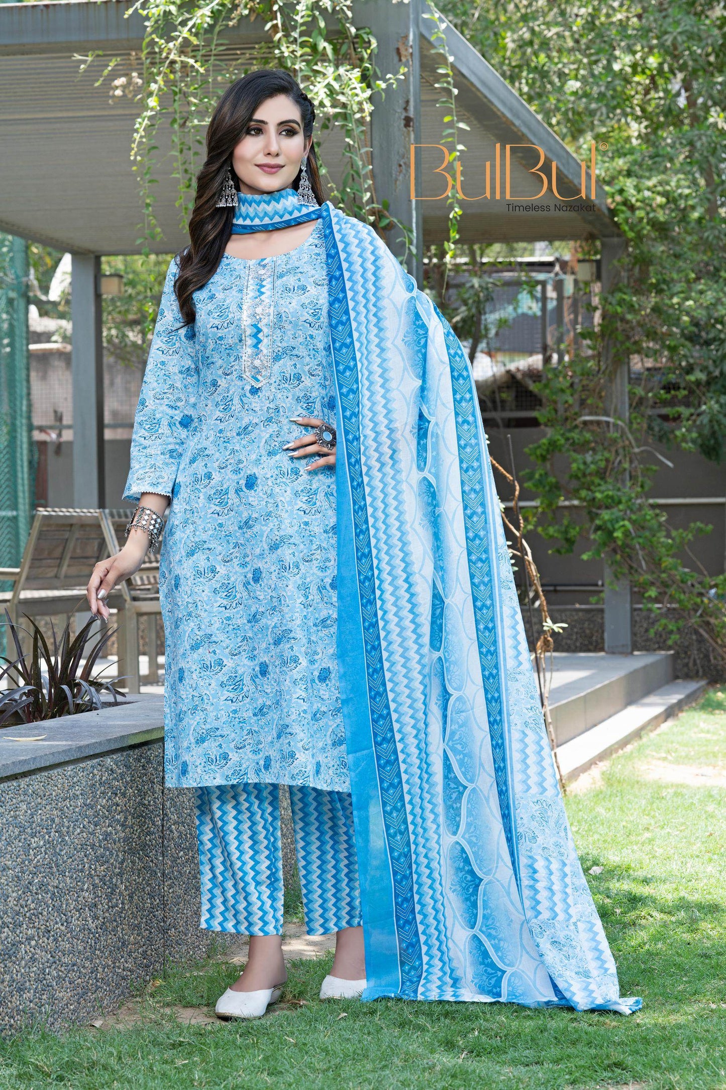 Stylish Cotton Kurta Set with Dupatta in Green / Blue Colors