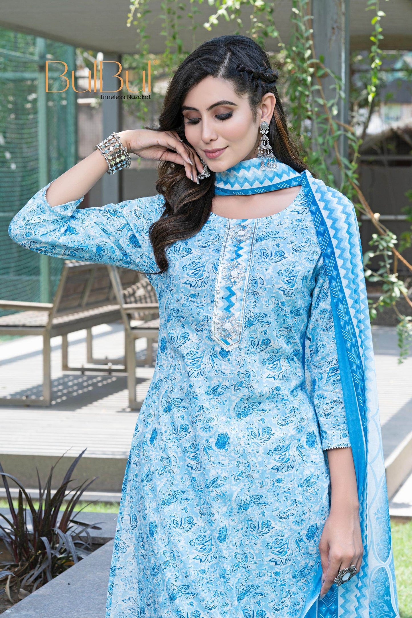 Stylish Cotton Kurta Set with Dupatta in Green / Blue Colors