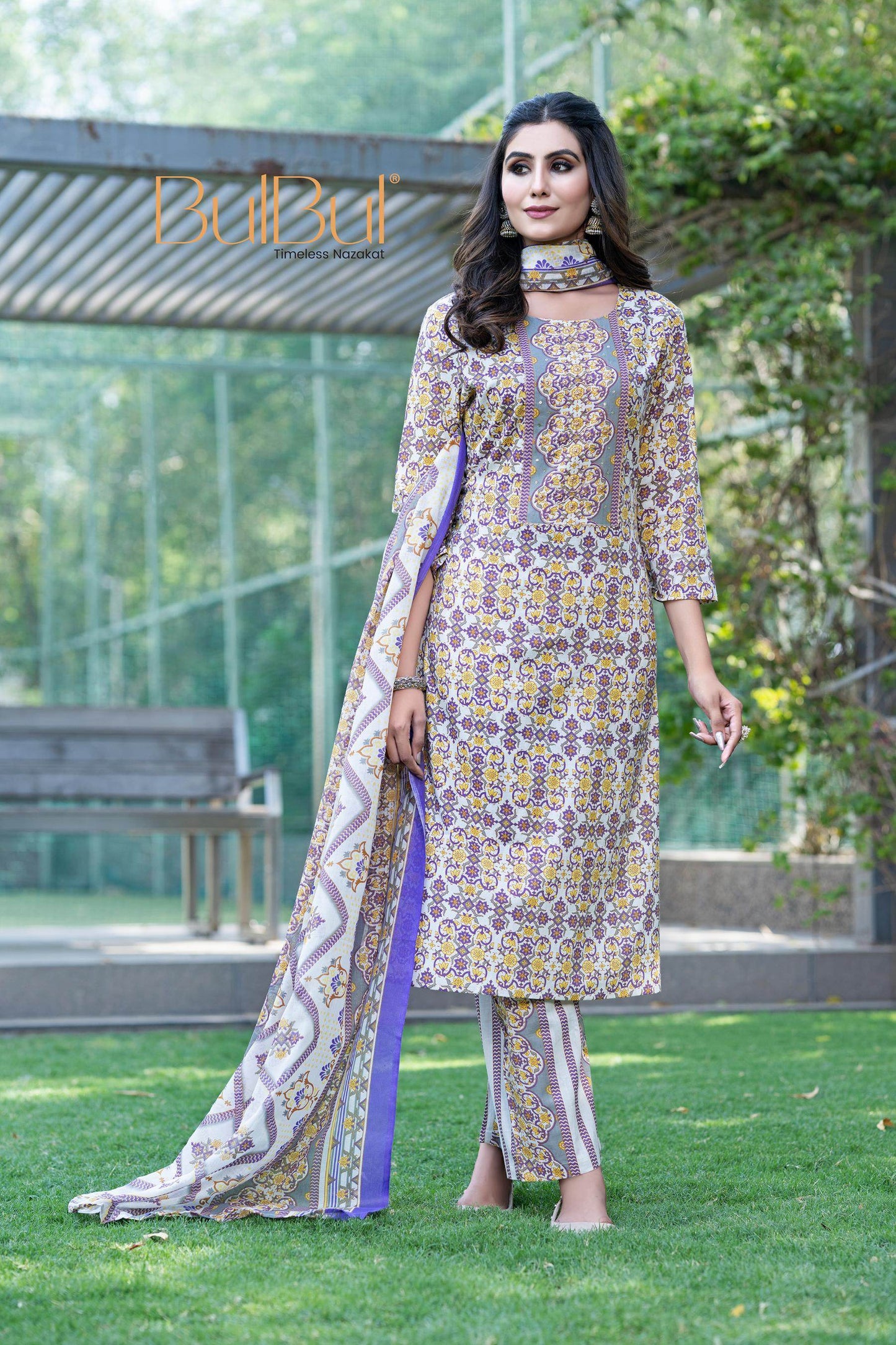Stylish Cotton Kurta Set with Dupatta in Green / Mustard Colors