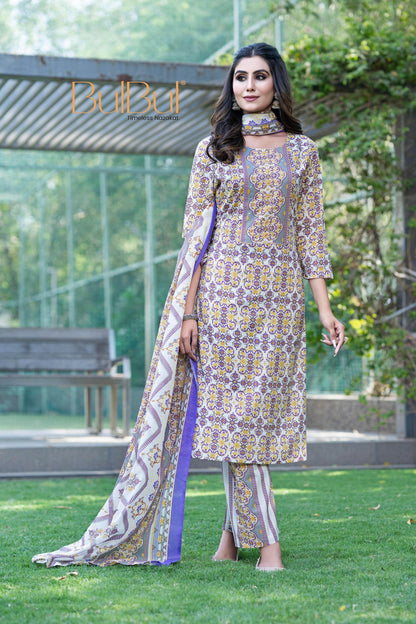Stylish Cotton Kurta Set with Dupatta in Green / Mustard Colors