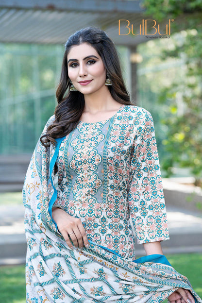 Stylish Cotton Kurta Set with Dupatta in Green / Mustard Colors