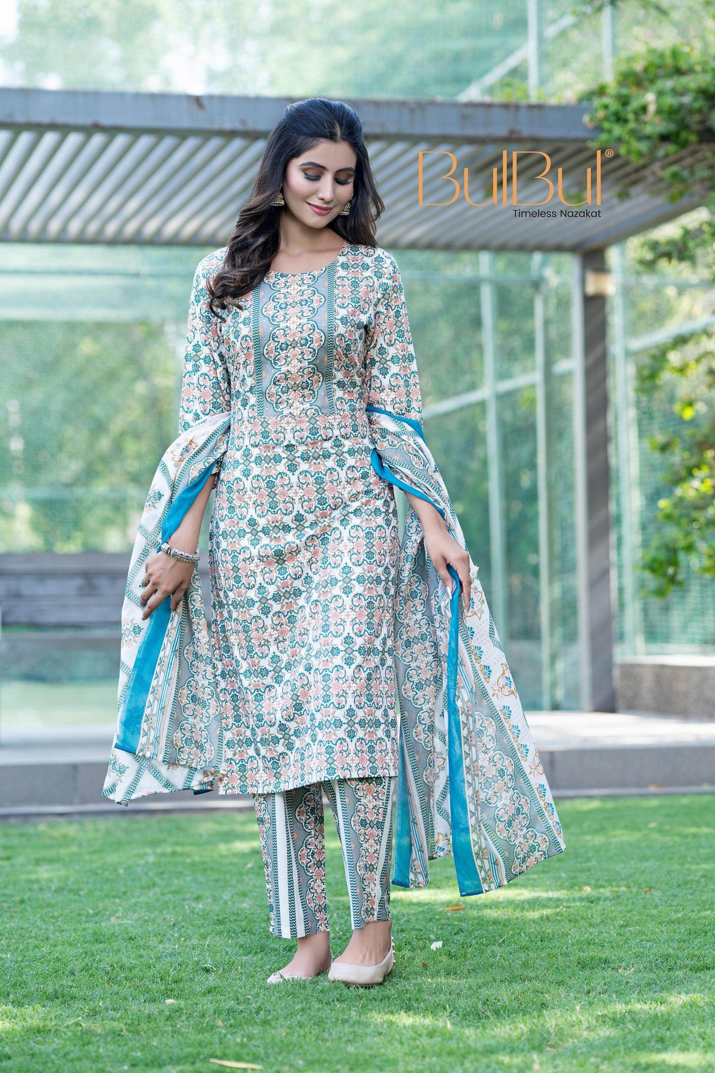 Stylish Cotton Kurta Set with Dupatta in Green / Mustard Colors