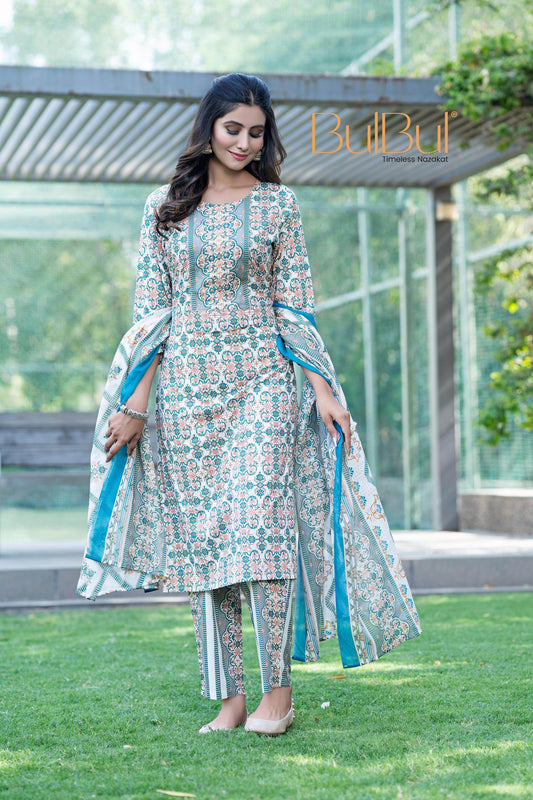 Stylish Cotton Kurta Set with Dupatta in Green / Mustard Colors