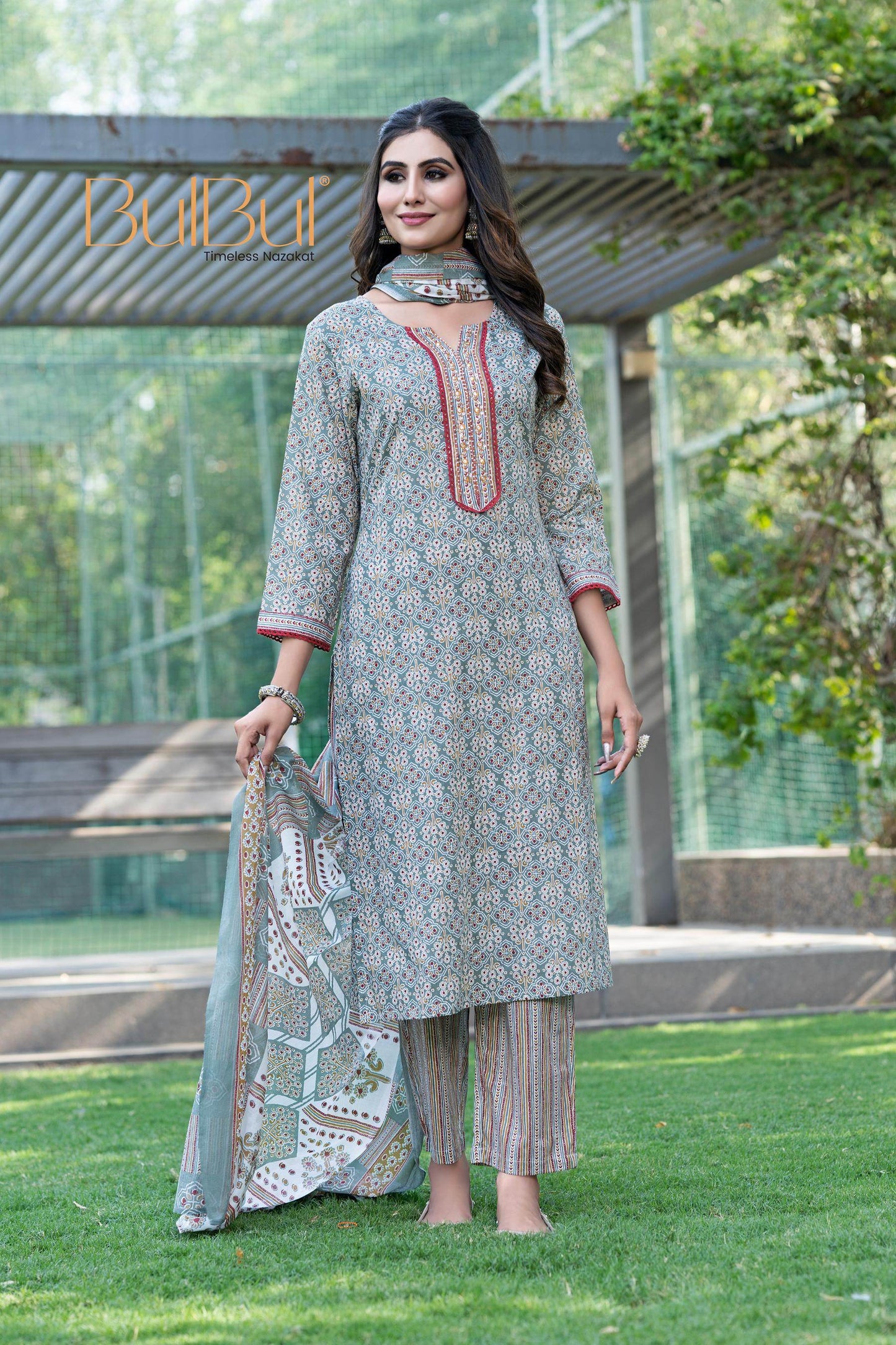 Stylish Cotton Kurta Set with Dupatta in Purple and Grey Colors