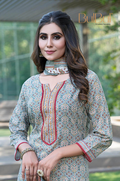 Stylish Cotton Kurta Set with Dupatta in Purple and Grey Colors