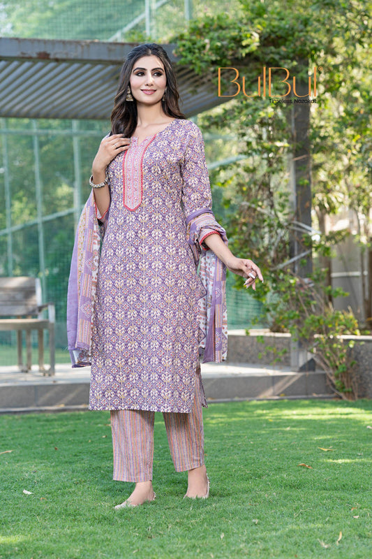 Stylish Cotton Kurta Set with Dupatta in Purple and Grey Colors