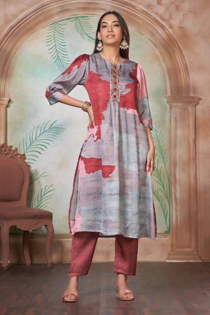 Tanya Silk Kurta Set in Purple & Pink – Soft Satin Fabric