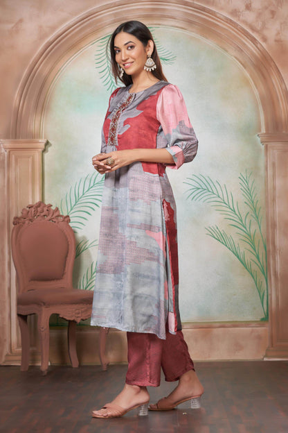Tanya Silk Kurta Set in Purple & Pink – Soft Satin Fabric