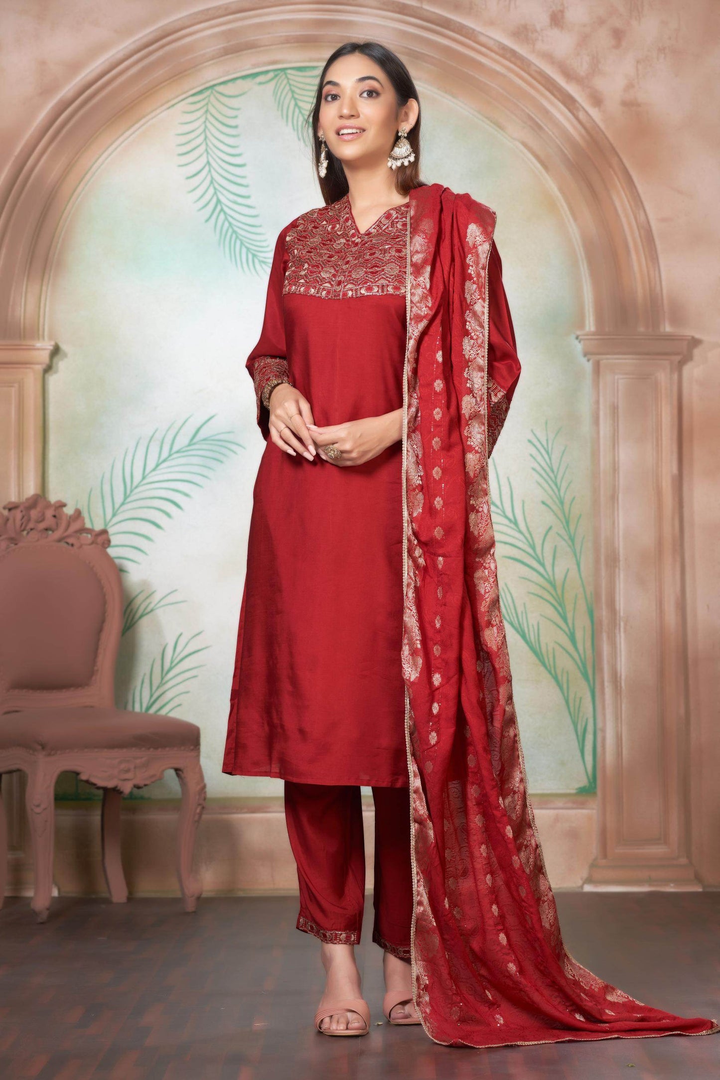 Ashima Beige & Red Cotton Kurta Set with Dupatta | Elegant Ethnic Wear for Women