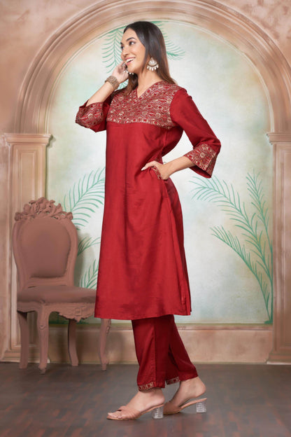 Ashima Beige & Red Cotton Kurta Set with Dupatta | Elegant Ethnic Wear for Women